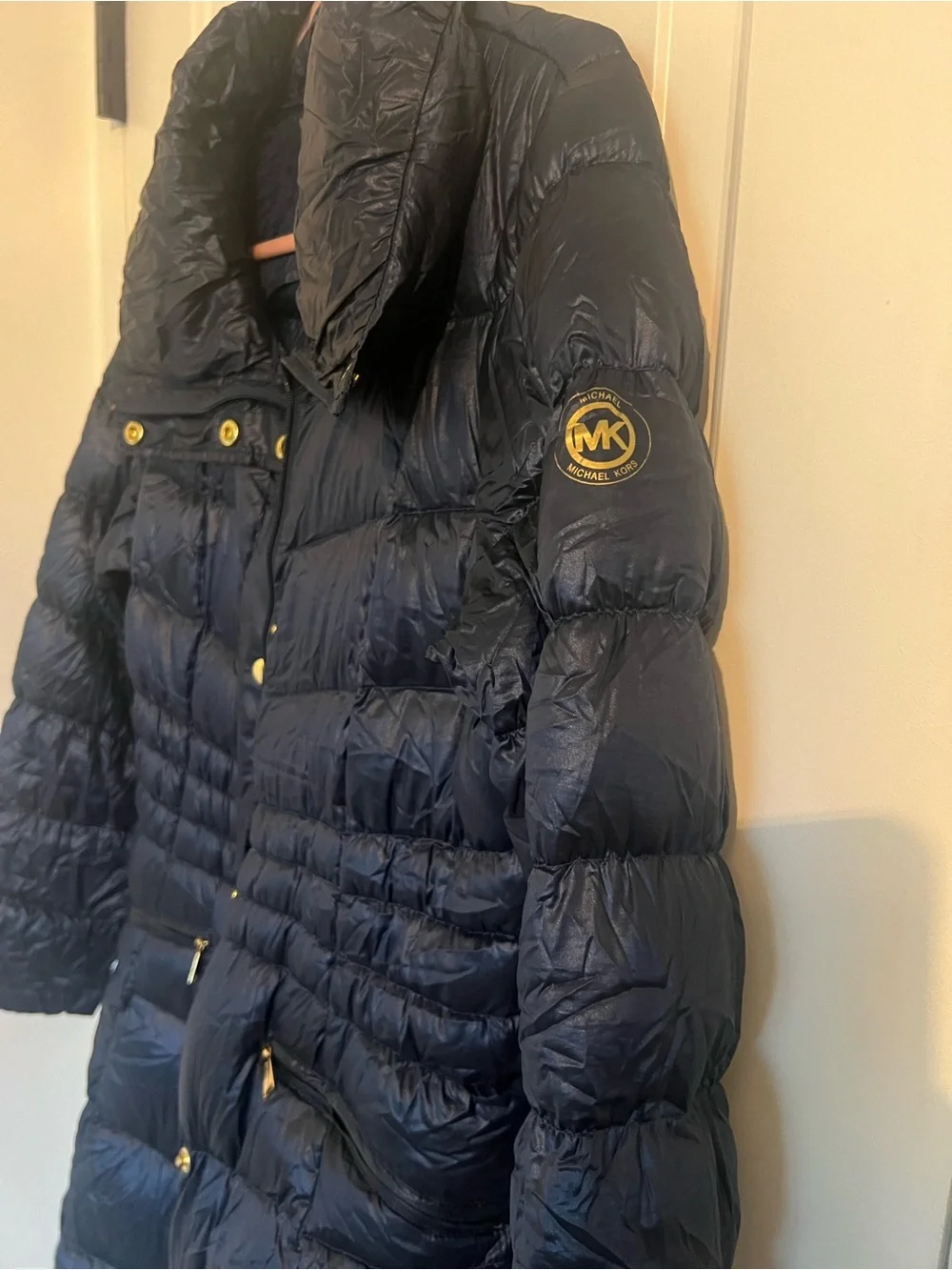 Michael Kors Navy Long Quilted Packable Puffer Coat with Gold-Tone Hardware